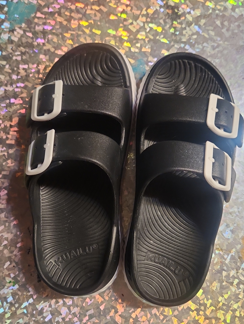 Black Slide Sandals with White Buckles